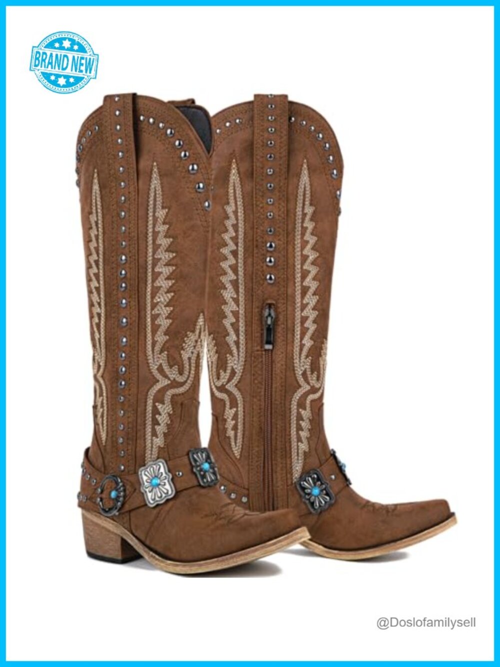 Knee High Western Cowboy Boots Leather Embroidery Belt Buckle